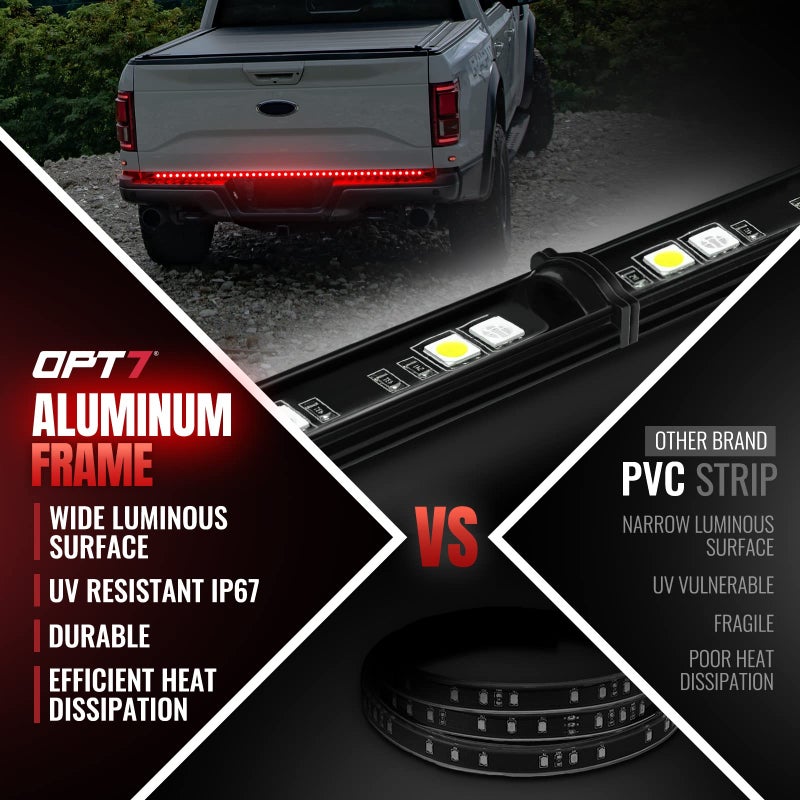 OPT7 60" Redline Parlux Single Row LED Tailgate Light Bar w/Red Turn Signal, Rigid Aluminum Frame Strip â€“ Fits 2005â€“2014 F150, RAM, Silverado/Sierra 1500 â€“ Full Functions: Brake, Reverse, Running - Image 5